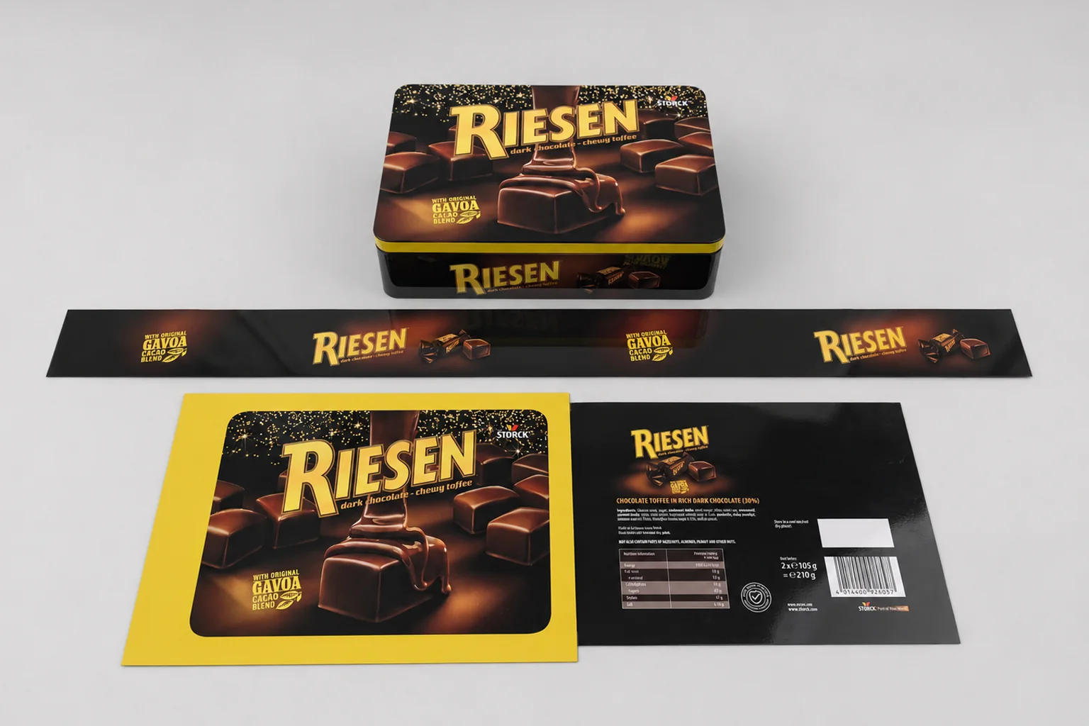 Offset-printed tin box components arranged before forming