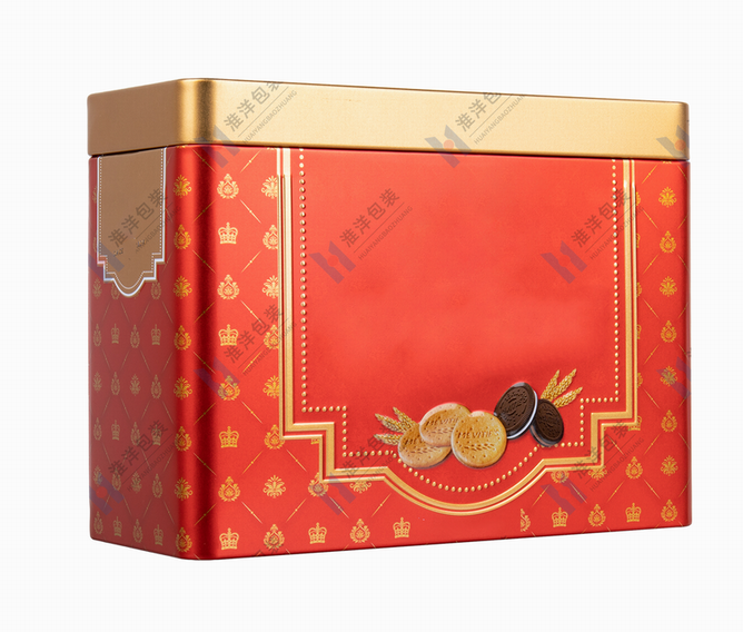 large rectangular cookie tin box with red and gold printing