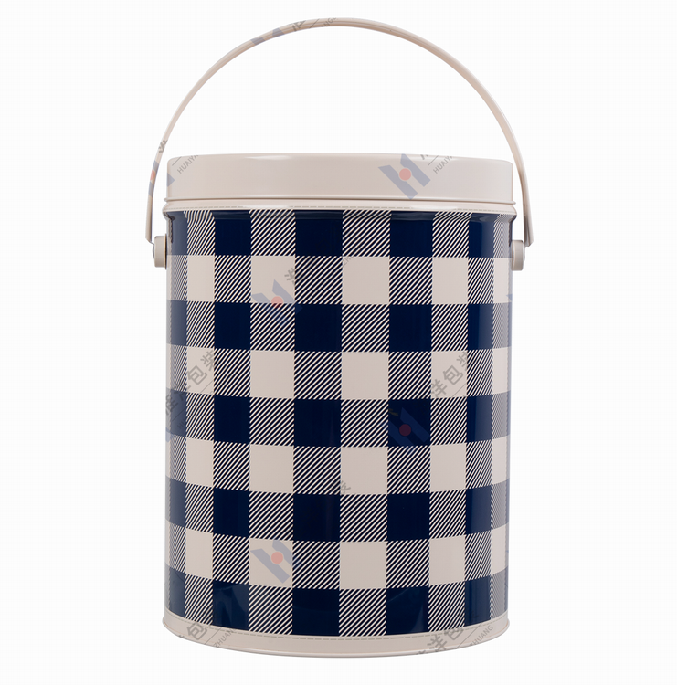 handled round tea tin pail with plaid printing